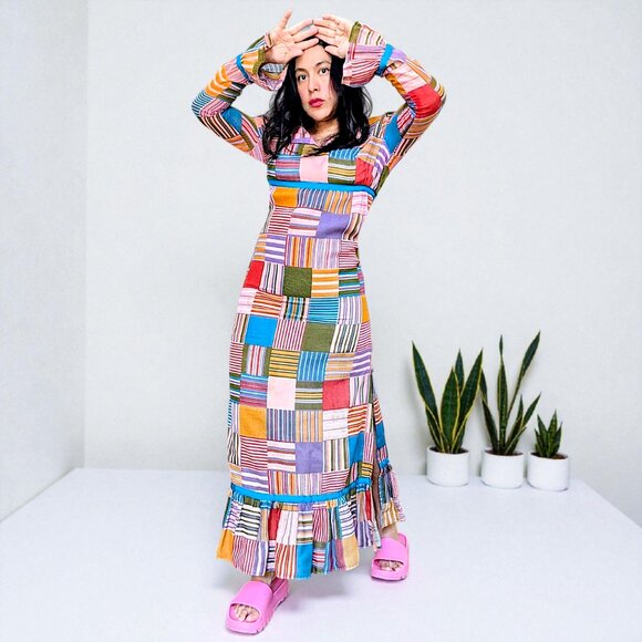 Vintage Dresses & Skirts - vintage 70's handmade metal zipper pastel rainbow patchwork madras midi dress
